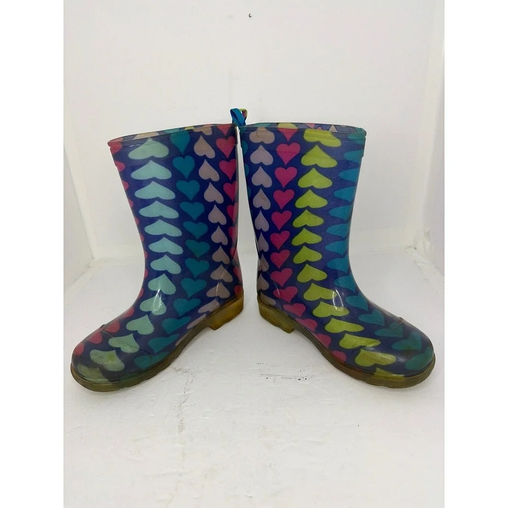 Rain‎ Essentials Kids Heart Print Rain Boots Blue Pink Multi Color Size 11/12